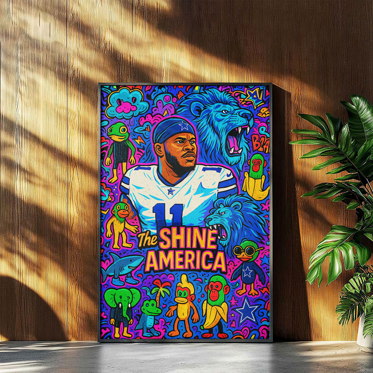 Vibrant pop art canvas print of a football player in a blue and white uniform with number 11, surrounded by colorful cartoon blue lions, monkeys, and various whimsical symbols, with "THE SHINE AMERICA" text