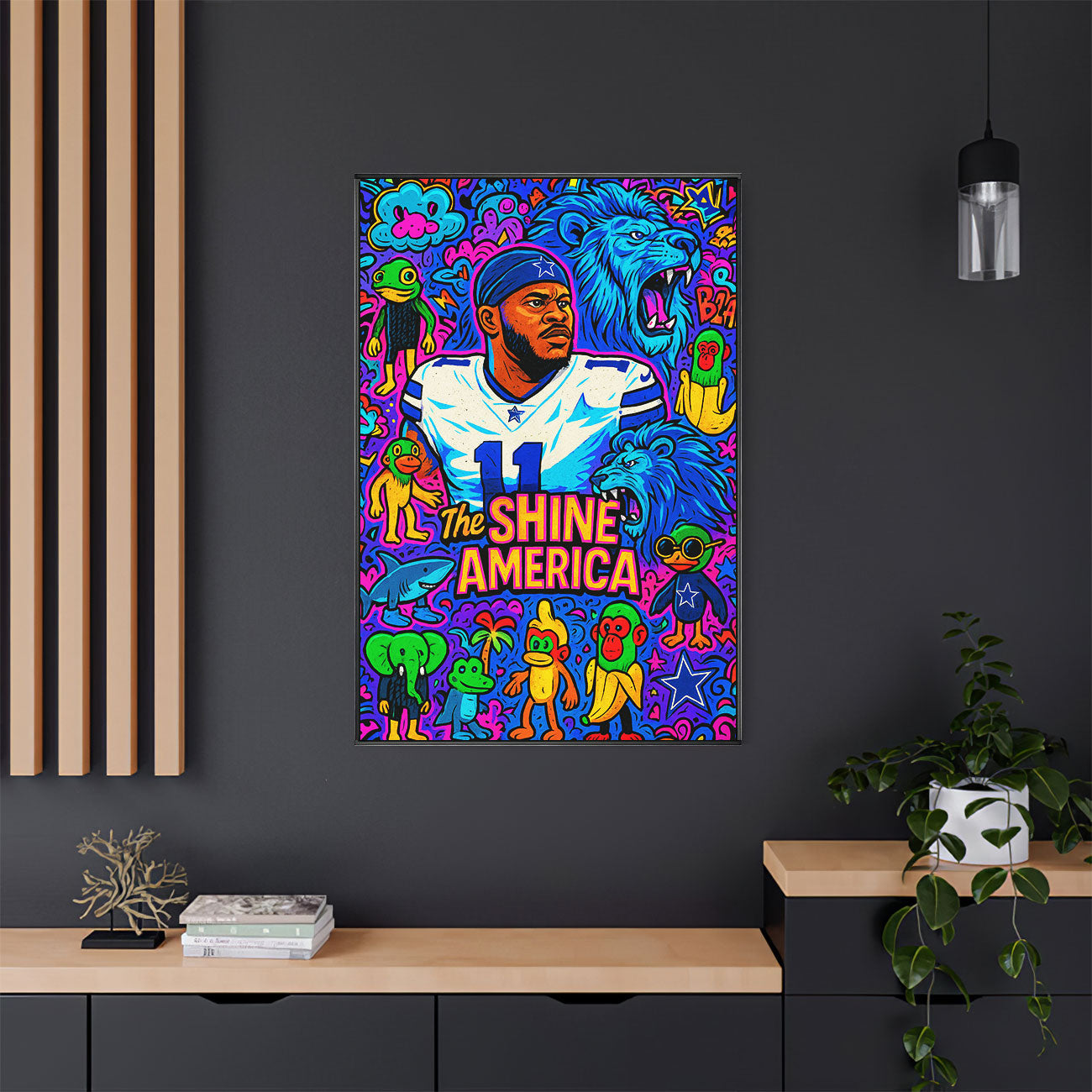 Vibrant pop art canvas print of a football player in a blue and white uniform with number 11, surrounded by colorful cartoon blue lions, monkeys, and various whimsical symbols, with "THE SHINE AMERICA" text
