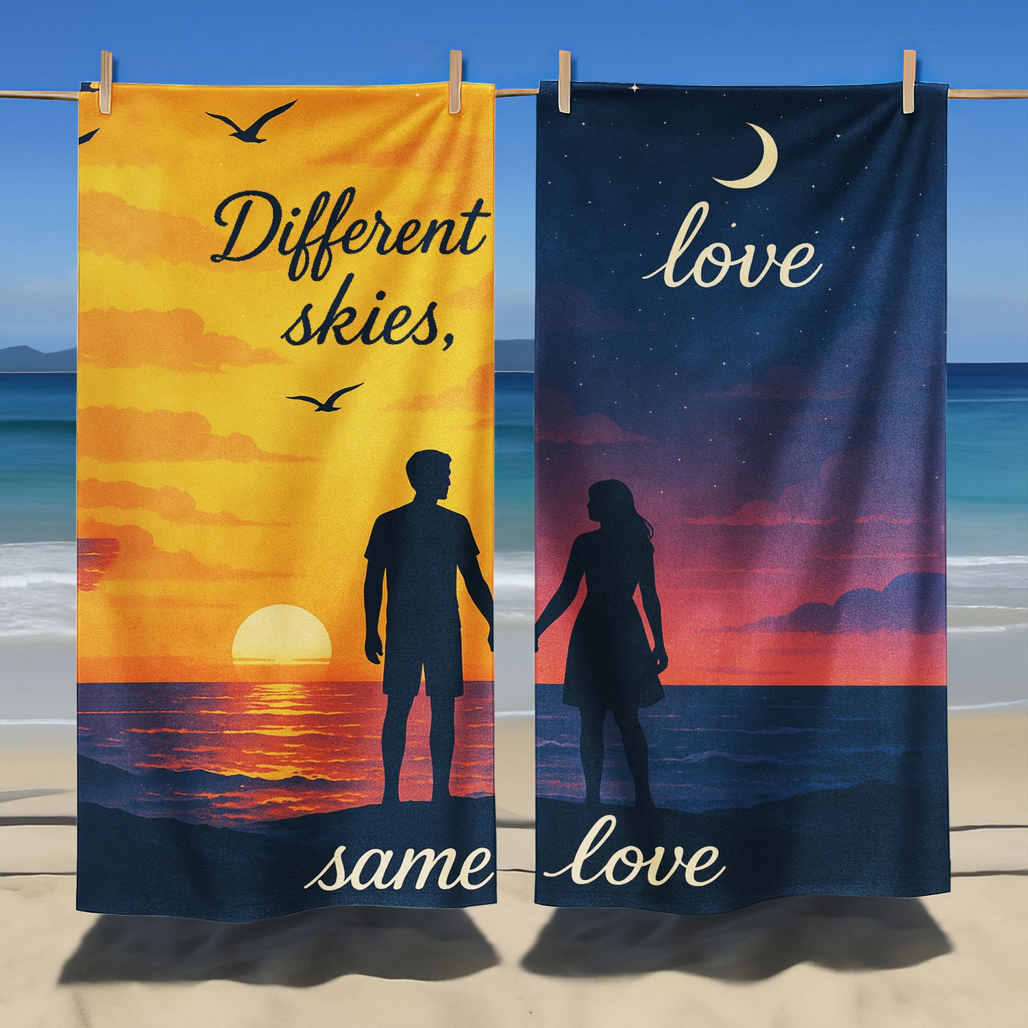 A man and a woman holding up custom beach towels on a beach. One towel shows a sunset scene with a male silhouette and text "Different skies, same love". The other shows a night sky scene with a female silhouette and text "love, same love".