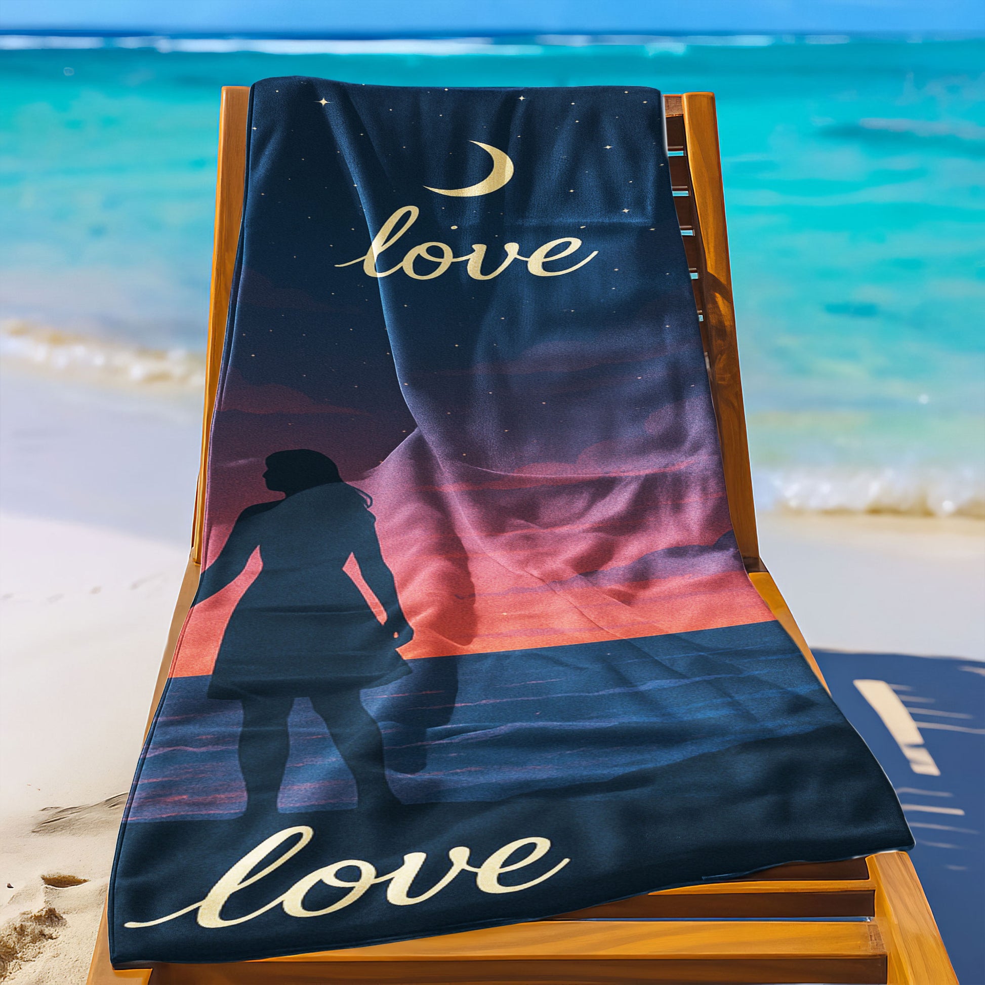 A man and a woman holding up custom beach towels on a beach. One towel shows a sunset scene with a male silhouette and text "Different skies, same love". The other shows a night sky scene with a female silhouette and text "love, same love".
