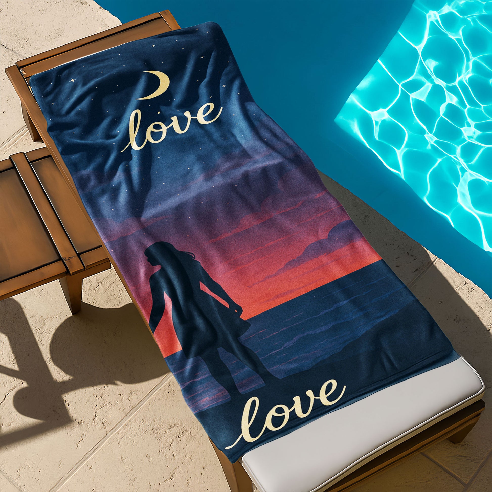A man and a woman holding up custom beach towels on a beach. One towel shows a sunset scene with a male silhouette and text "Different skies, same love". The other shows a night sky scene with a female silhouette and text "love, same love".