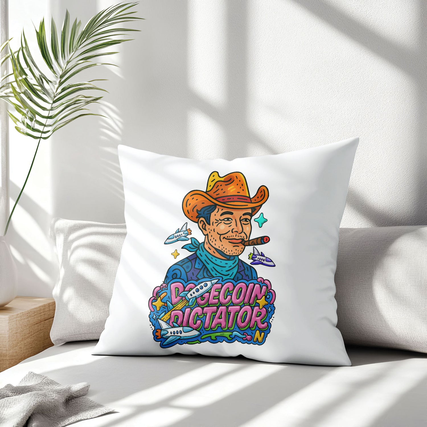 White Dogecoin Dictator meme pillow, featuring an "Elon Mood" inspired character in a cowboy hat on a couch