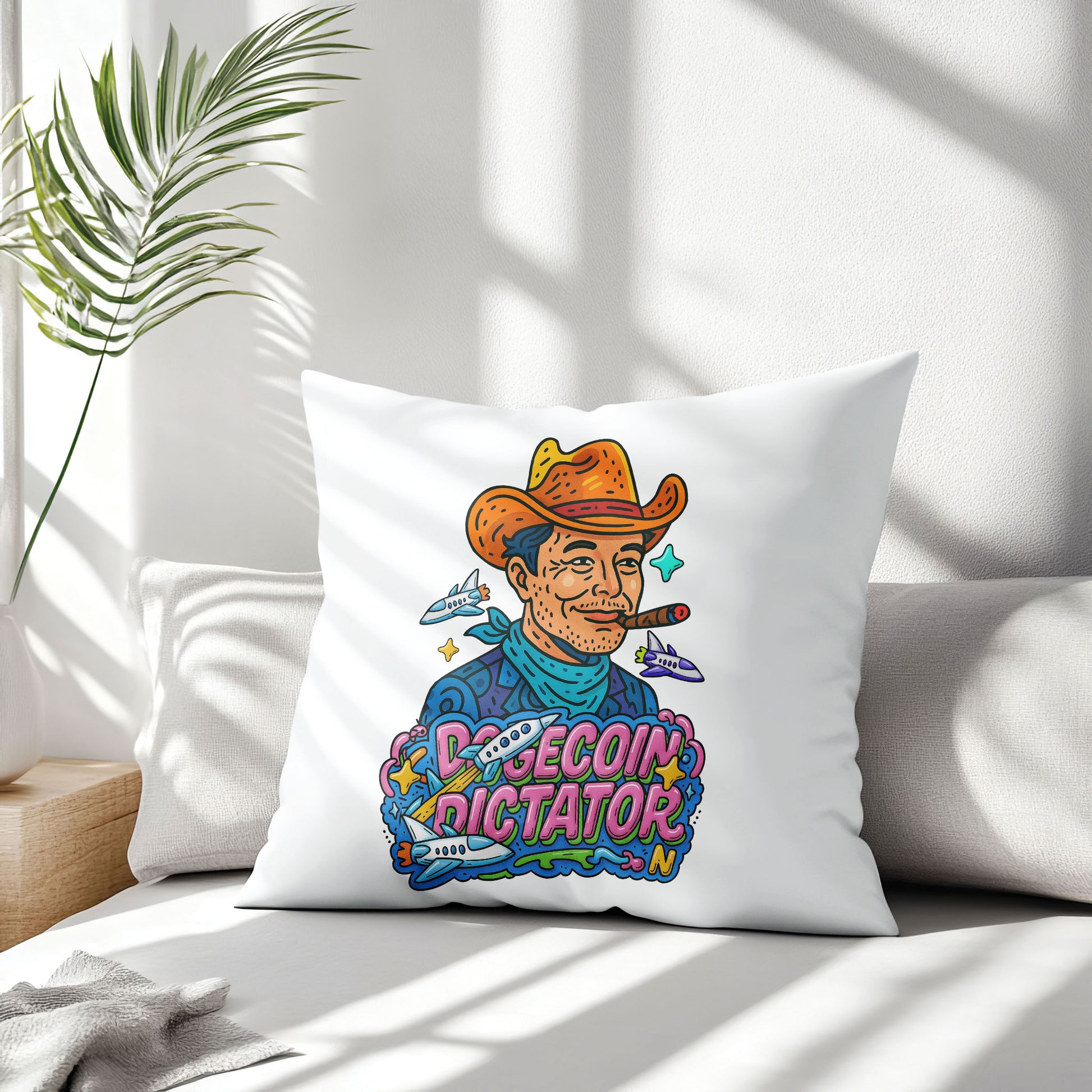 White Dogecoin Dictator meme pillow, featuring an "Elon Mood" inspired character in a cowboy hat on a couch