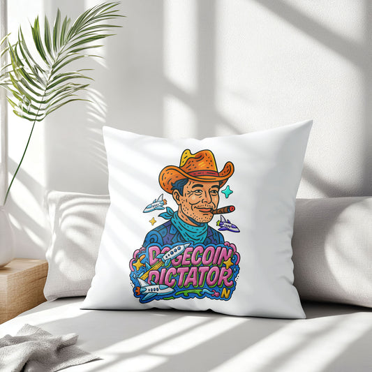 White Dogecoin Dictator meme pillow, featuring an "Elon Mood" inspired character in a cowboy hat on a couch