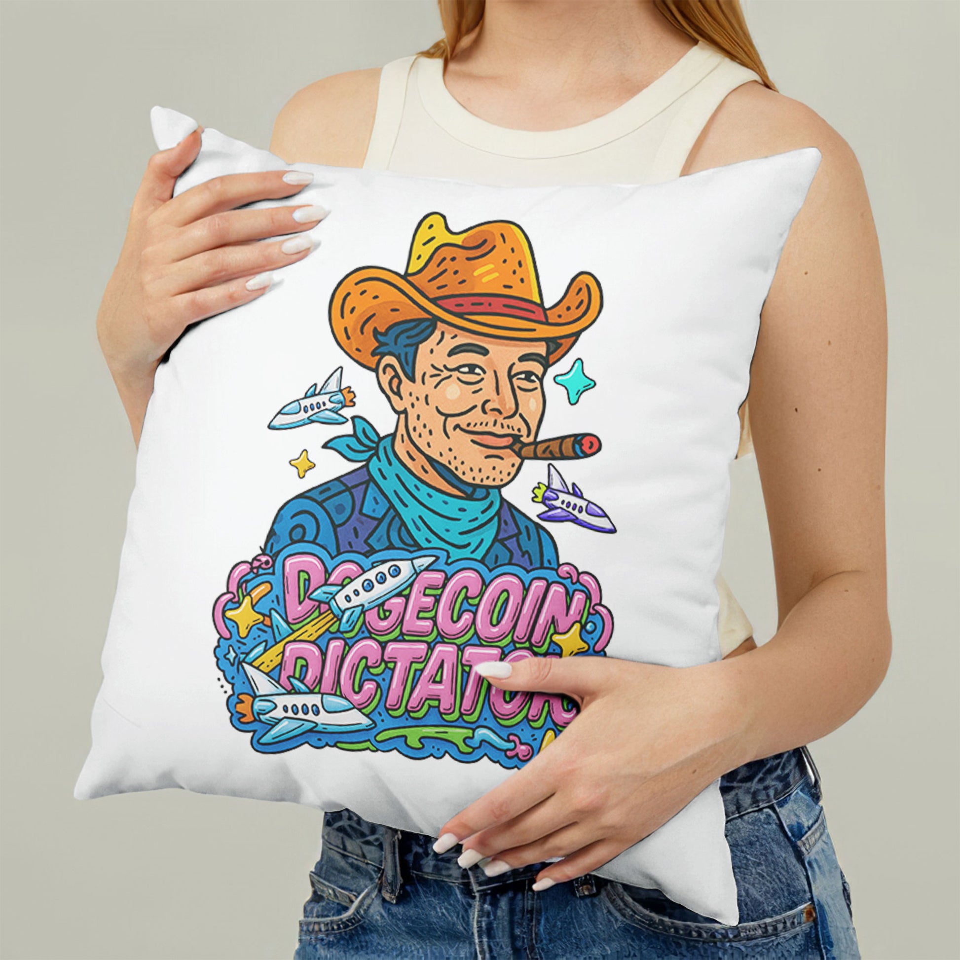 White Dogecoin Dictator meme pillow, featuring an "Elon Mood" inspired character in a cowboy hat on a couch