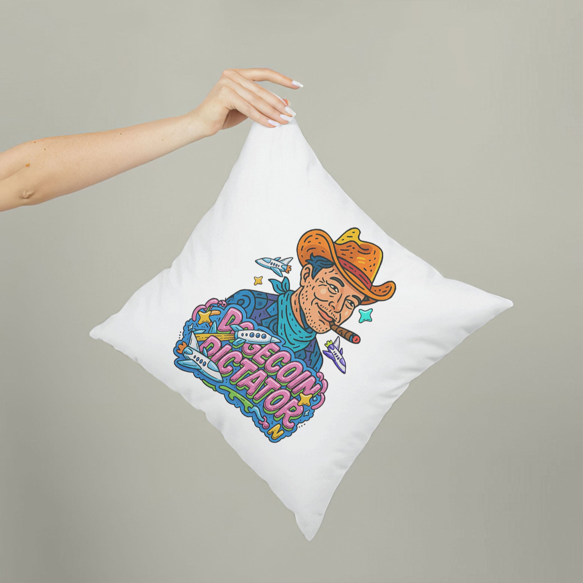 White Dogecoin Dictator meme pillow, featuring an "Elon Mood" inspired character in a cowboy hat on a couch