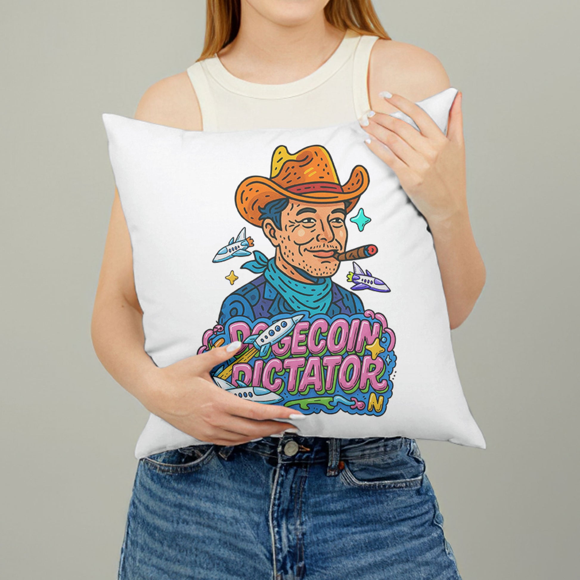 White Dogecoin Dictator meme pillow, featuring an "Elon Mood" inspired character in a cowboy hat on a couch