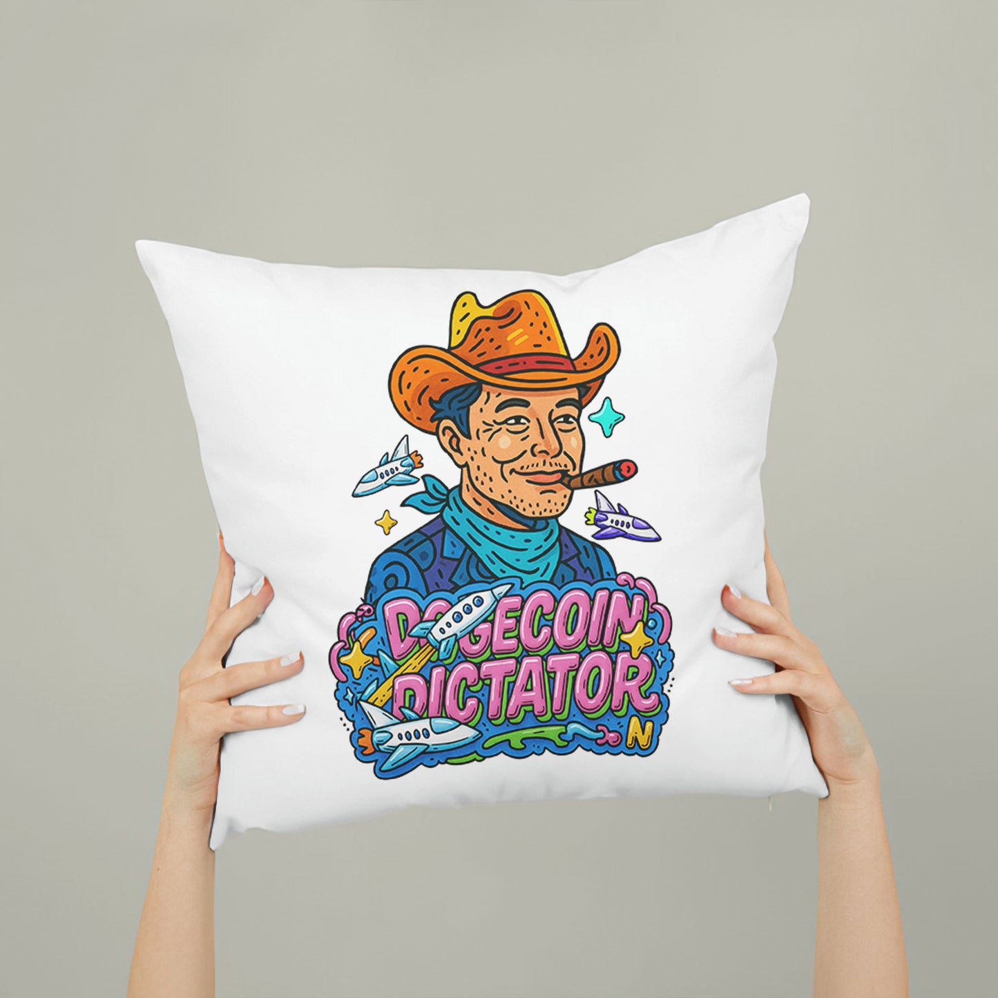 White Dogecoin Dictator meme pillow, featuring an "Elon Mood" inspired character in a cowboy hat on a couch