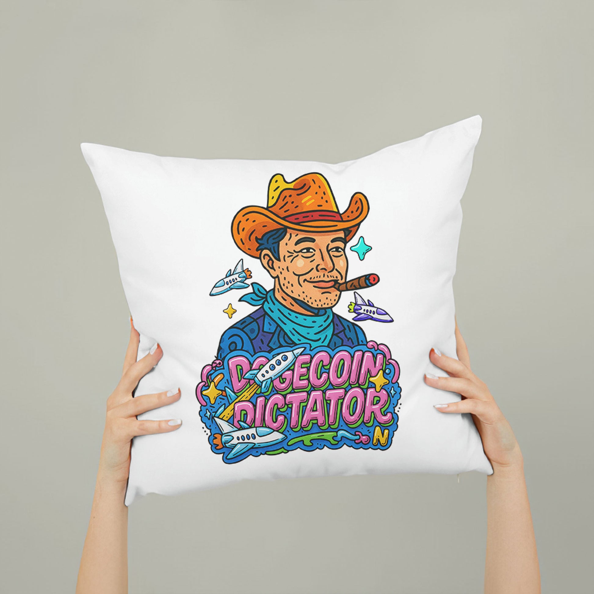 White Dogecoin Dictator meme pillow, featuring an "Elon Mood" inspired character in a cowboy hat on a couch