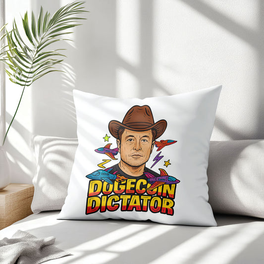 White square meme pillow featuring a "DOGECOIN DICTATOR" design with a man in a brown cowboy hat, surrounded by rockets and stars.
