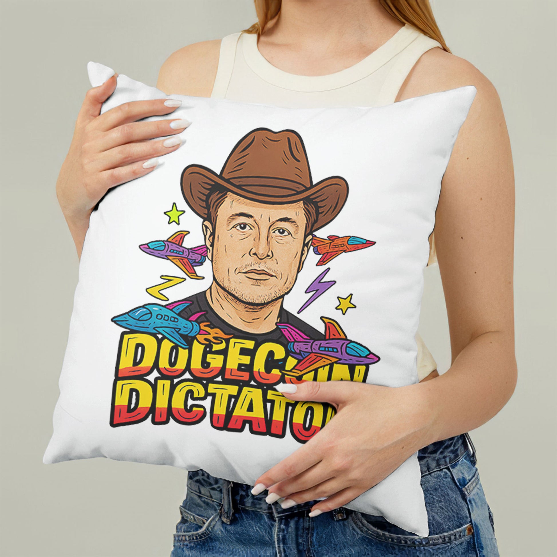 White square meme pillow featuring a "DOGECOIN DICTATOR" design with a man in a brown cowboy hat, surrounded by rockets and stars.