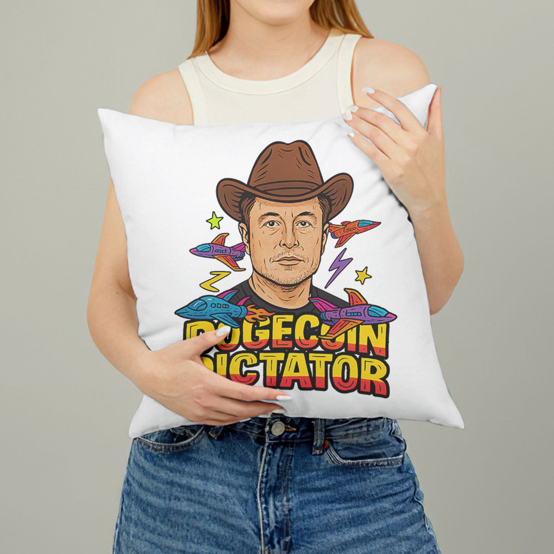 White square meme pillow featuring a "DOGECOIN DICTATOR" design with a man in a brown cowboy hat, surrounded by rockets and stars.