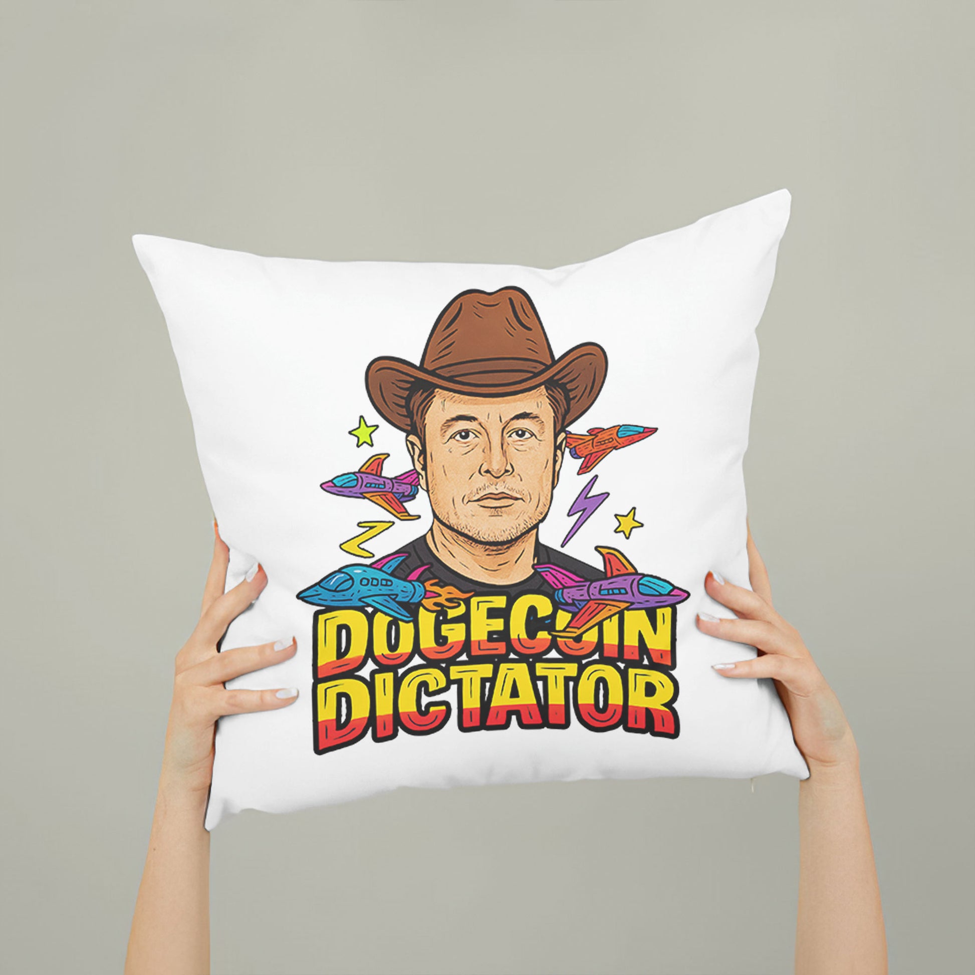 White square meme pillow featuring a "DOGECOIN DICTATOR" design with a man in a brown cowboy hat, surrounded by rockets and stars.