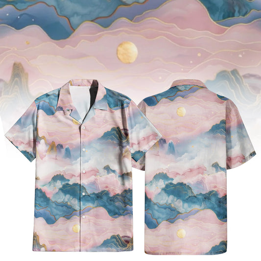 Dreaming in Pink Hawaiian Shirt For Men Women featuring a serene pastel mountain landscape print in pink and blue with golden accents and a moon. Front and back view of the short-sleeve button-up shirt
