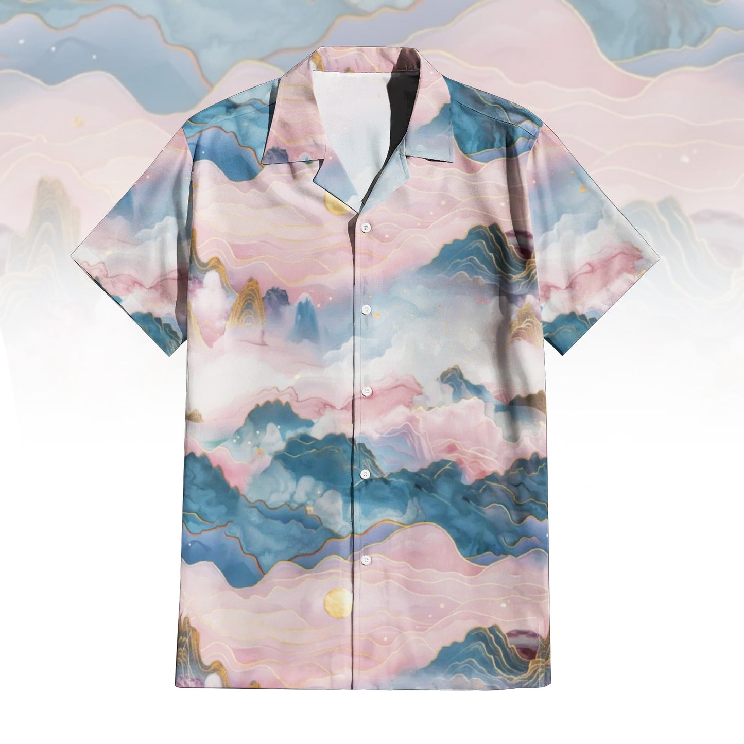 Dreaming in Pink Hawaiian Shirt For Men Women featuring a serene pastel mountain landscape print in pink and blue with golden accents and a moon. Front and back view of the short-sleeve button-up shirt