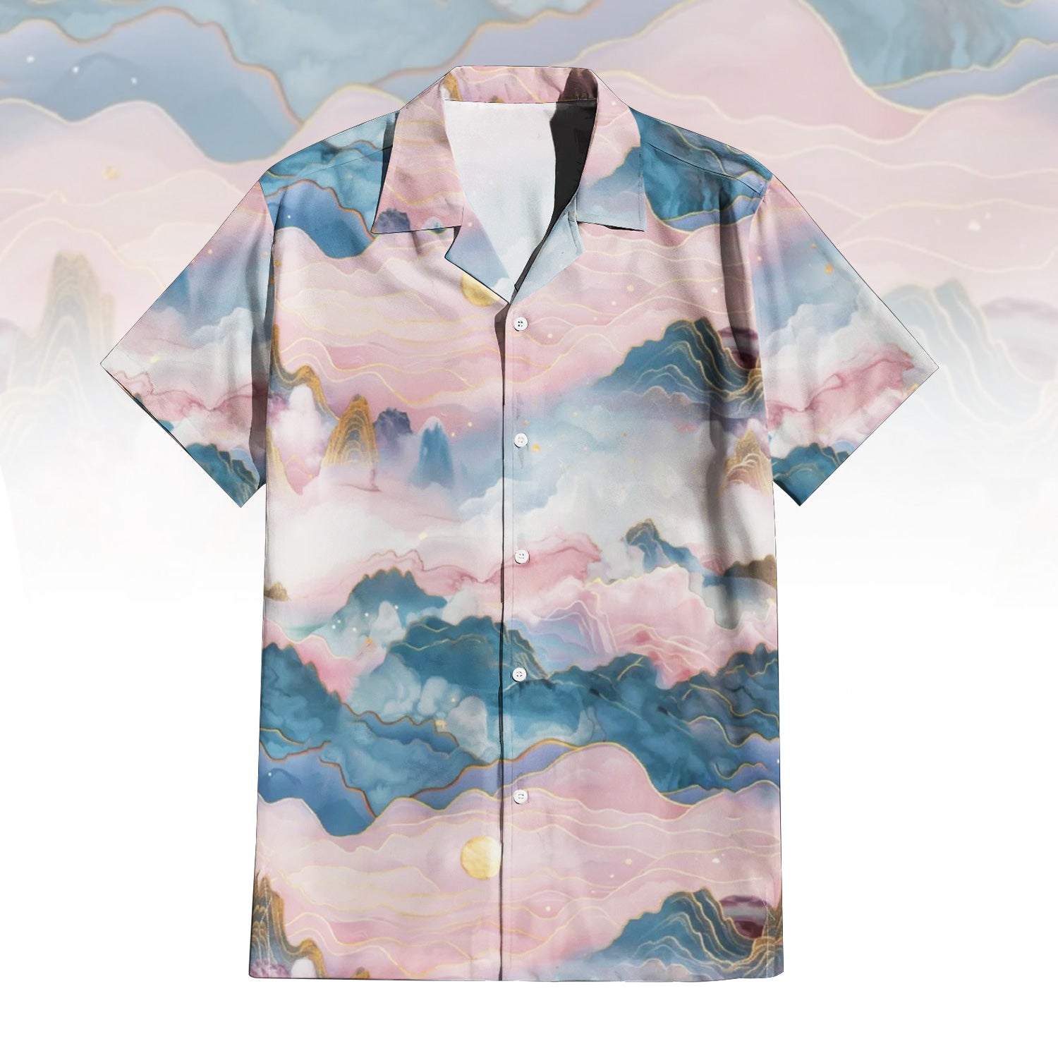 Dreaming in Pink Hawaiian Shirt For Men Women featuring a serene pastel mountain landscape print in pink and blue with golden accents and a moon. Front and back view of the short-sleeve button-up shirt