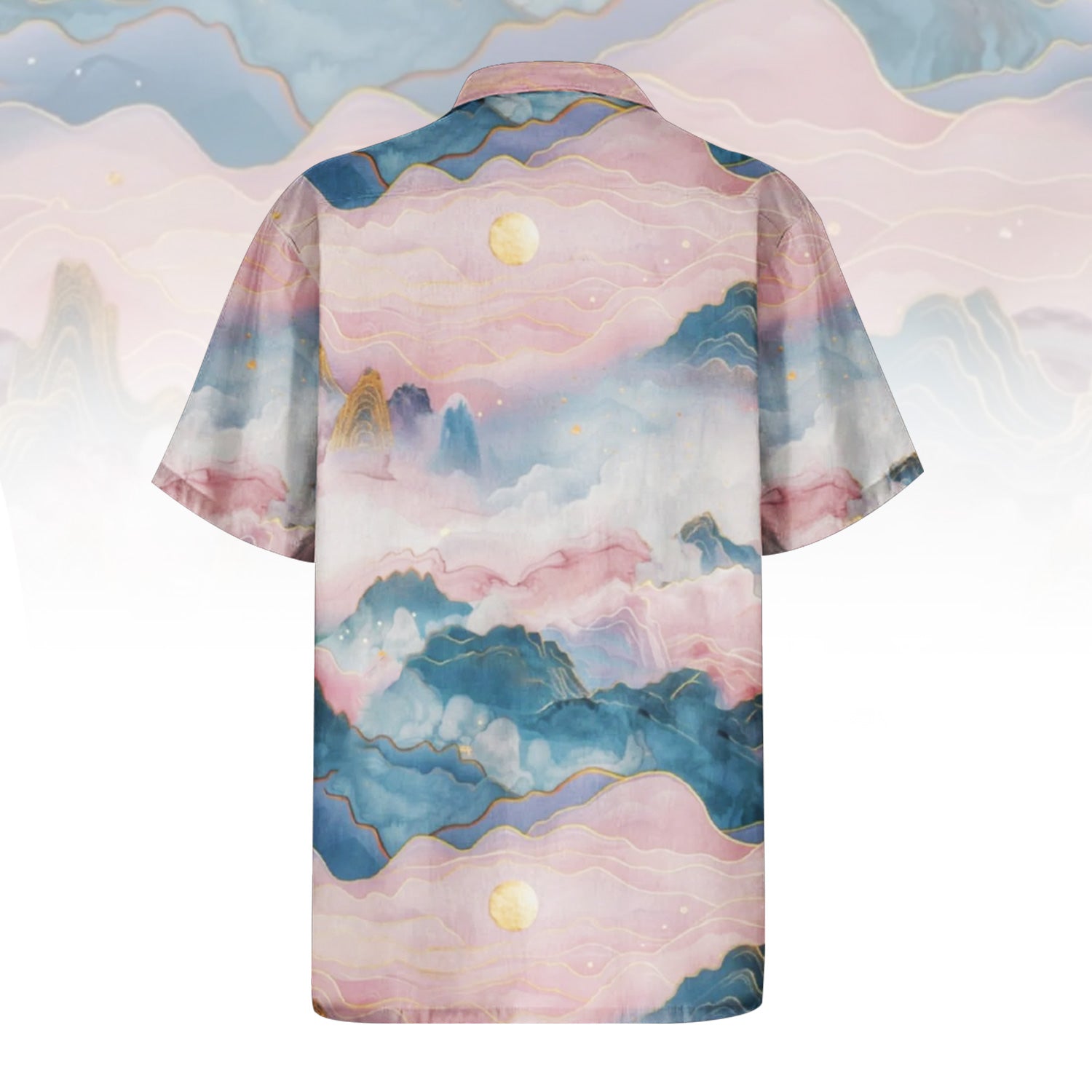 Dreaming in Pink Hawaiian Shirt For Men Women featuring a serene pastel mountain landscape print in pink and blue with golden accents and a moon. Front and back view of the short-sleeve button-up shirt