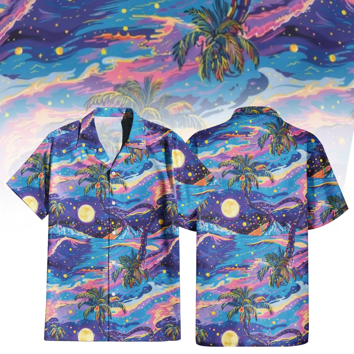 Dreamy Sunset Palm Hawaiian Shirt for Men & Women with vibrant night sky and moonlit landscape print.