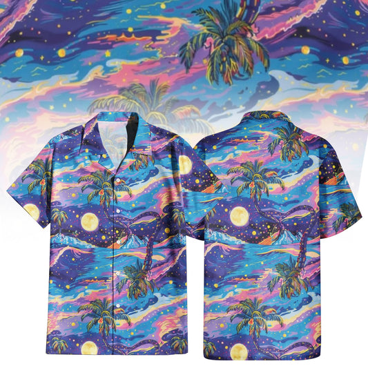 Dreamy Sunset Palm Hawaiian Shirt for Men & Women with vibrant night sky and moonlit landscape print.