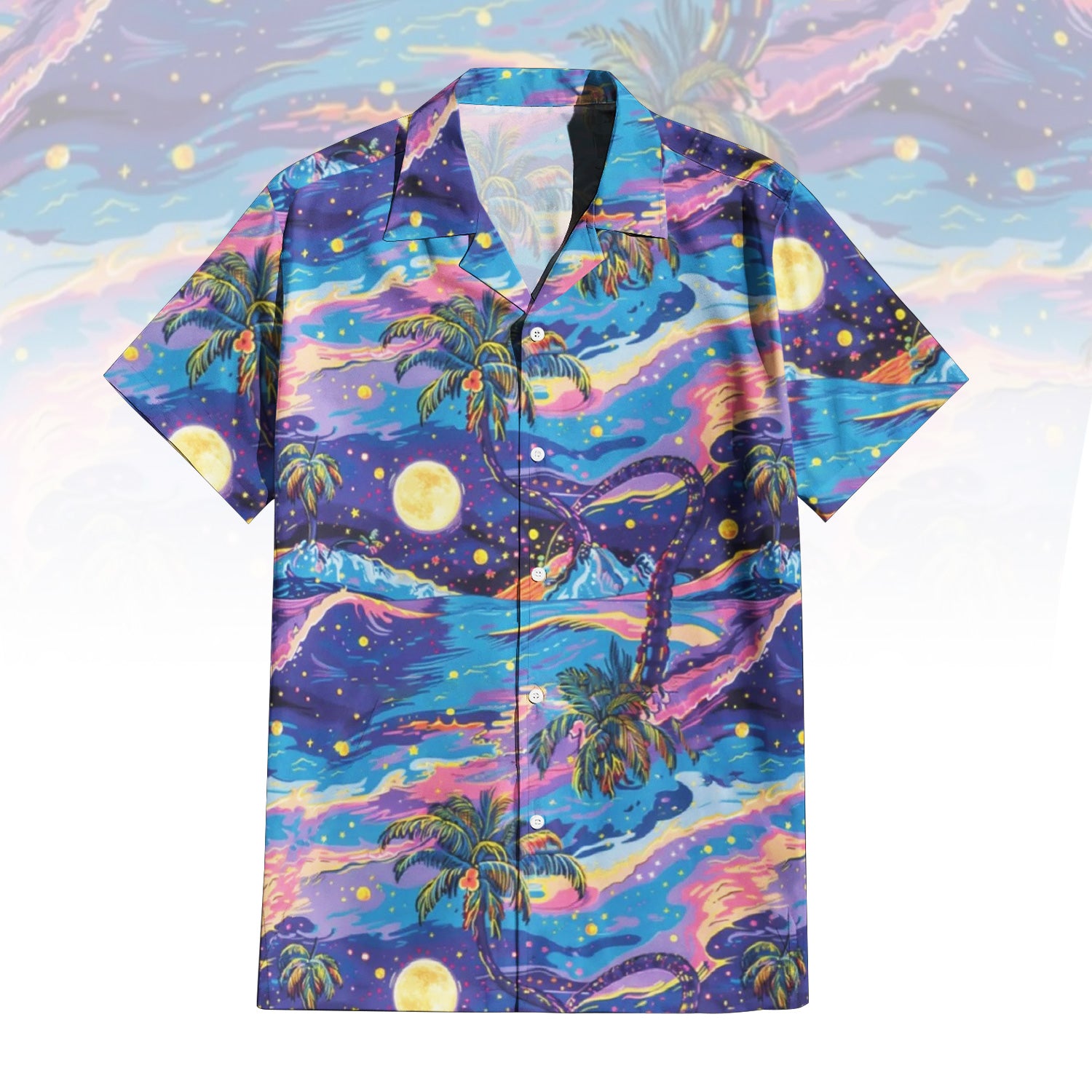 Dreamy Sunset Palm Hawaiian Shirt for Men & Women with vibrant night sky and moonlit landscape print.
