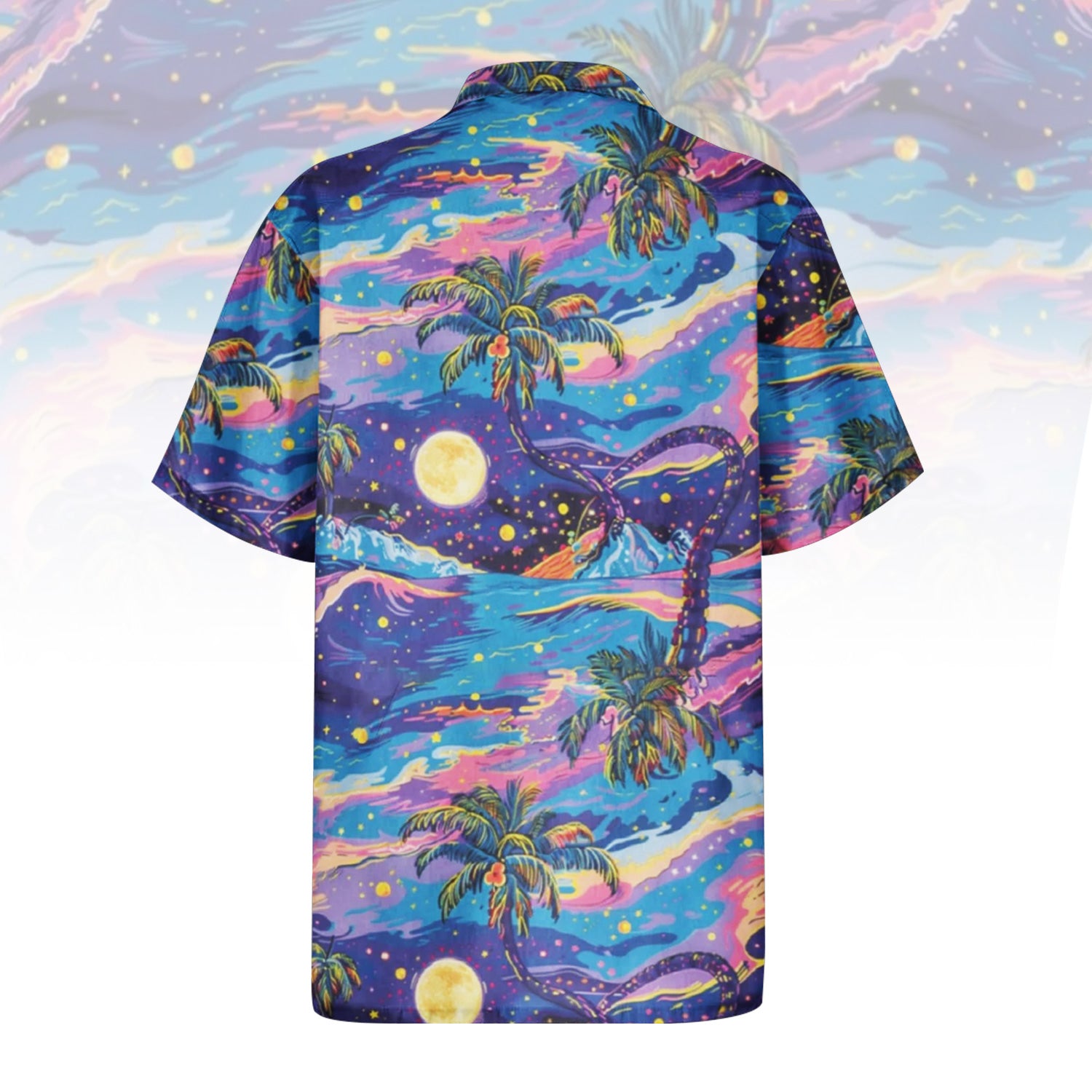 Dreamy Sunset Palm Hawaiian Shirt for Men & Women with vibrant night sky and moonlit landscape print.