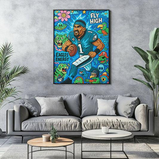 Vibrant pop art canvas print of a football player in a blue and green uniform with number 1, running with the ball, surrounded by colorful cartoon tigers, skulls, and whimsical characters. 🎨🏈🌟