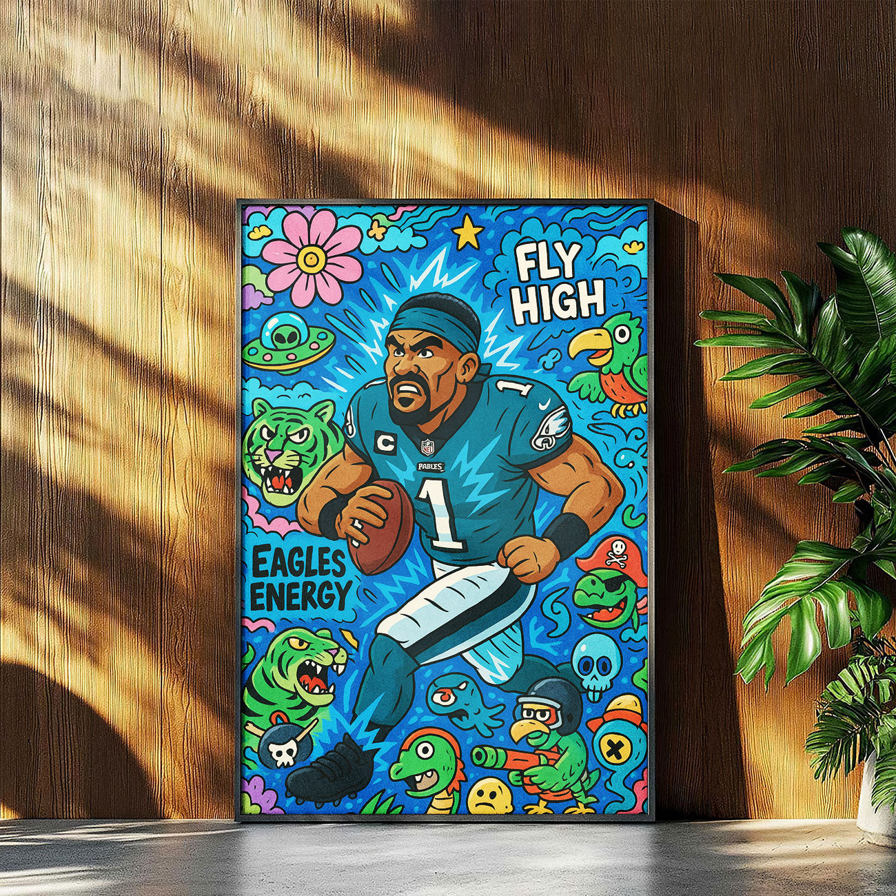 Vibrant pop art canvas print of a football player in a blue and green uniform with number 1, running with the ball, surrounded by colorful cartoon tigers, skulls, and whimsical characters. 🎨🏈🌟
