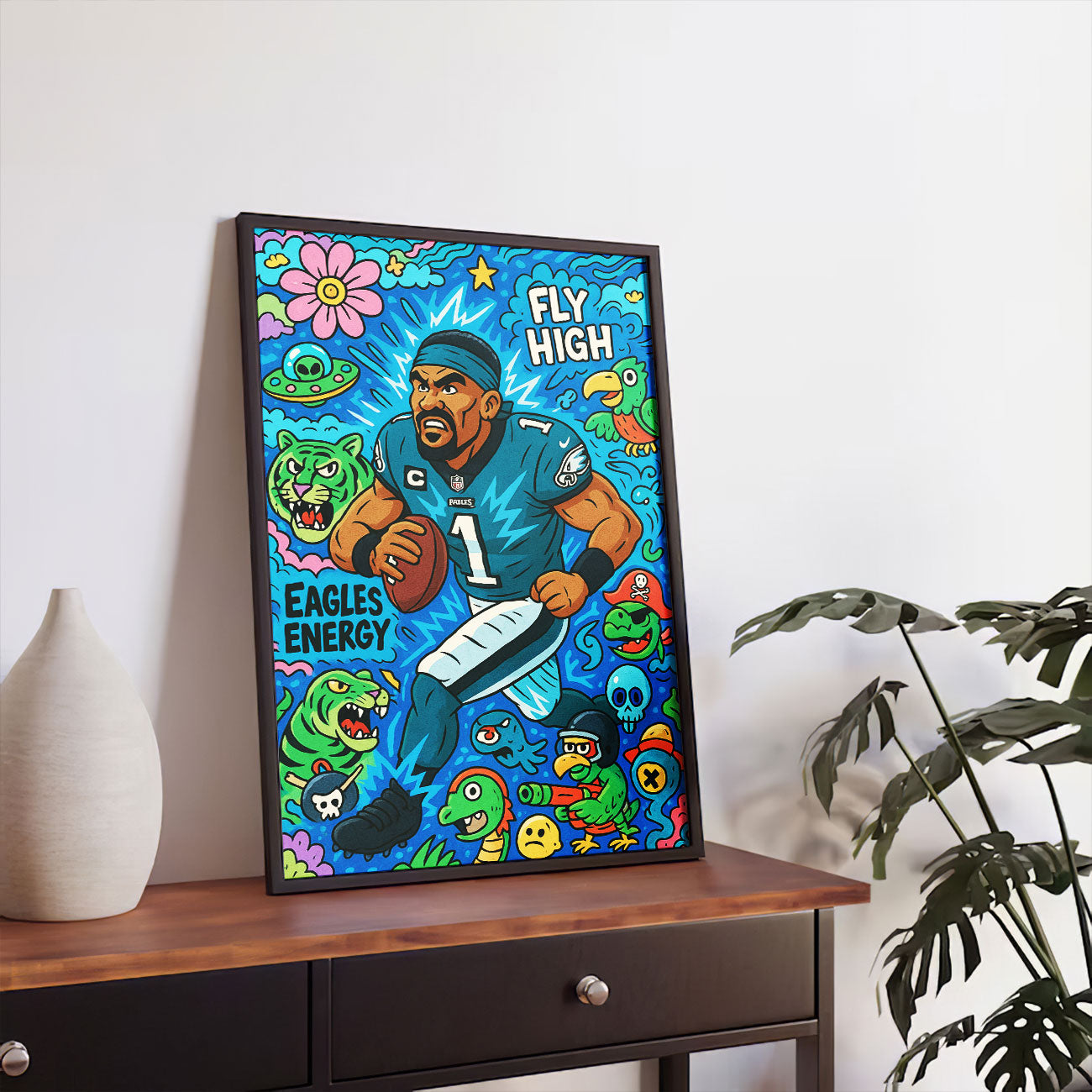 Vibrant pop art canvas print of a football player in a blue and green uniform with number 1, running with the ball, surrounded by colorful cartoon tigers, skulls, and whimsical characters. 🎨🏈🌟