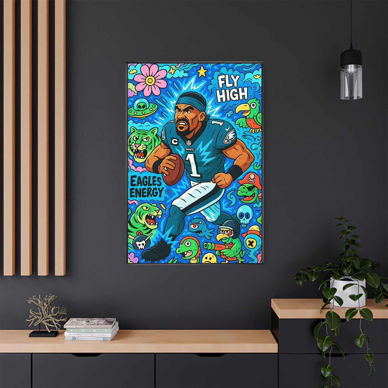 Vibrant pop art canvas print of a football player in a blue and green uniform with number 1, running with the ball, surrounded by colorful cartoon tigers, skulls, and whimsical characters. 🎨🏈🌟