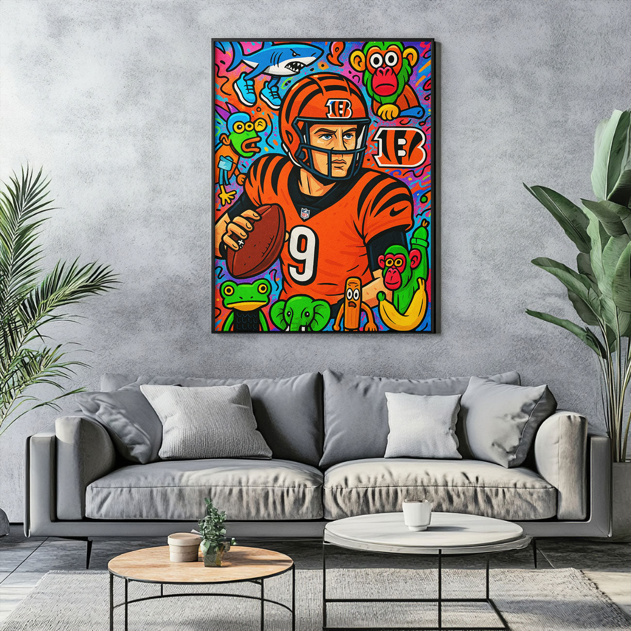 Vibrant pop art canvas print of a football player in an orange and black uniform with number 9, holding a football, surrounded by colorful cartoon monkeys, a shark, and other whimsical animals. 