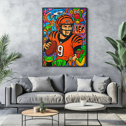 Vibrant pop art canvas print of a football player in an orange and black uniform with number 9, holding a football, surrounded by colorful cartoon monkeys, a shark, and other whimsical animals. 