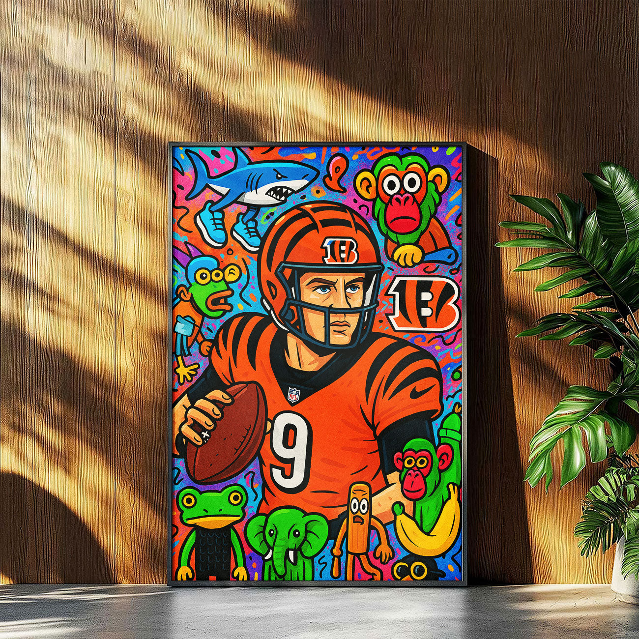 Vibrant pop art canvas print of a football player in an orange and black uniform with number 9, holding a football, surrounded by colorful cartoon monkeys, a shark, and other whimsical animals. 