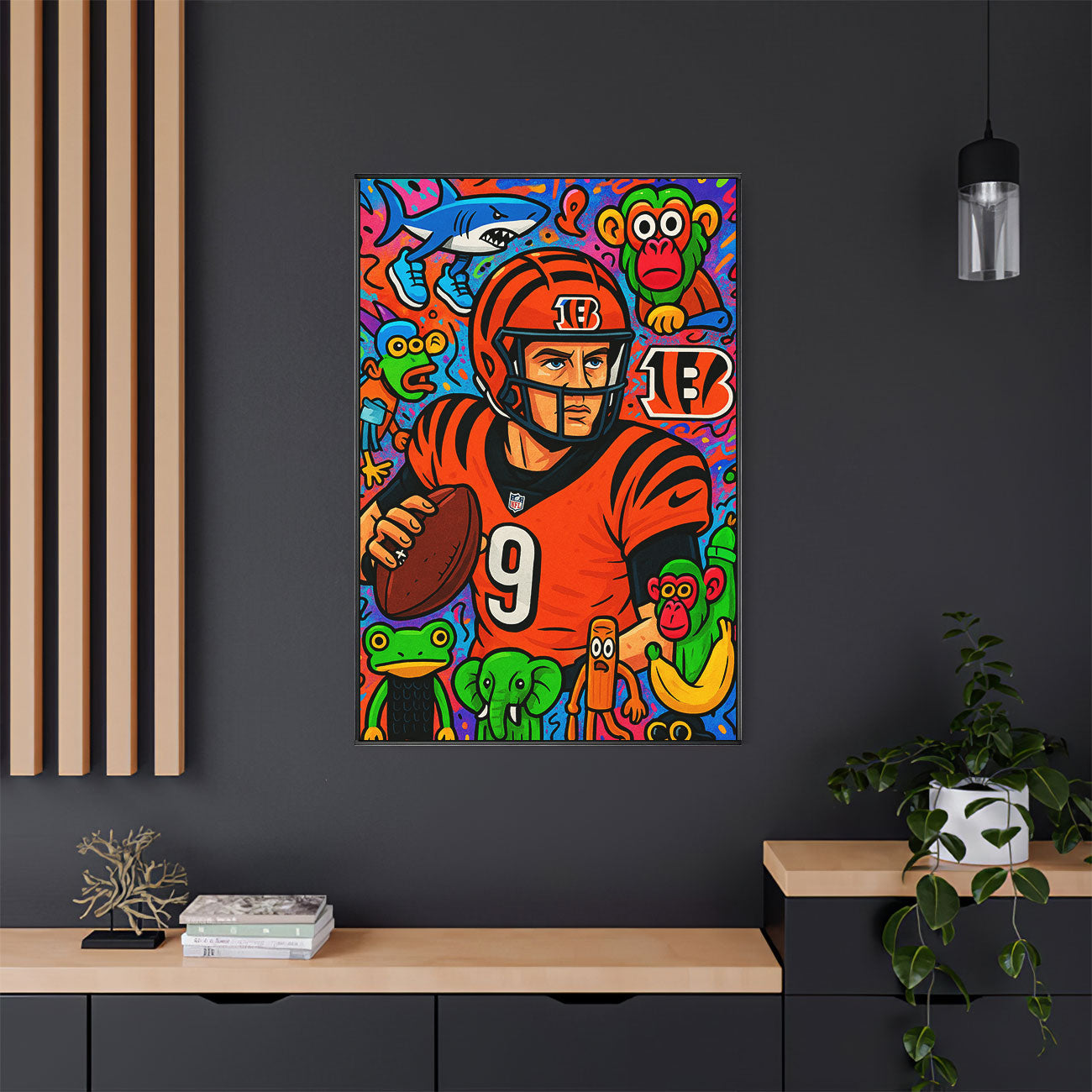 Vibrant pop art canvas print of a football player in an orange and black uniform with number 9, holding a football, surrounded by colorful cartoon monkeys, a shark, and other whimsical animals. 