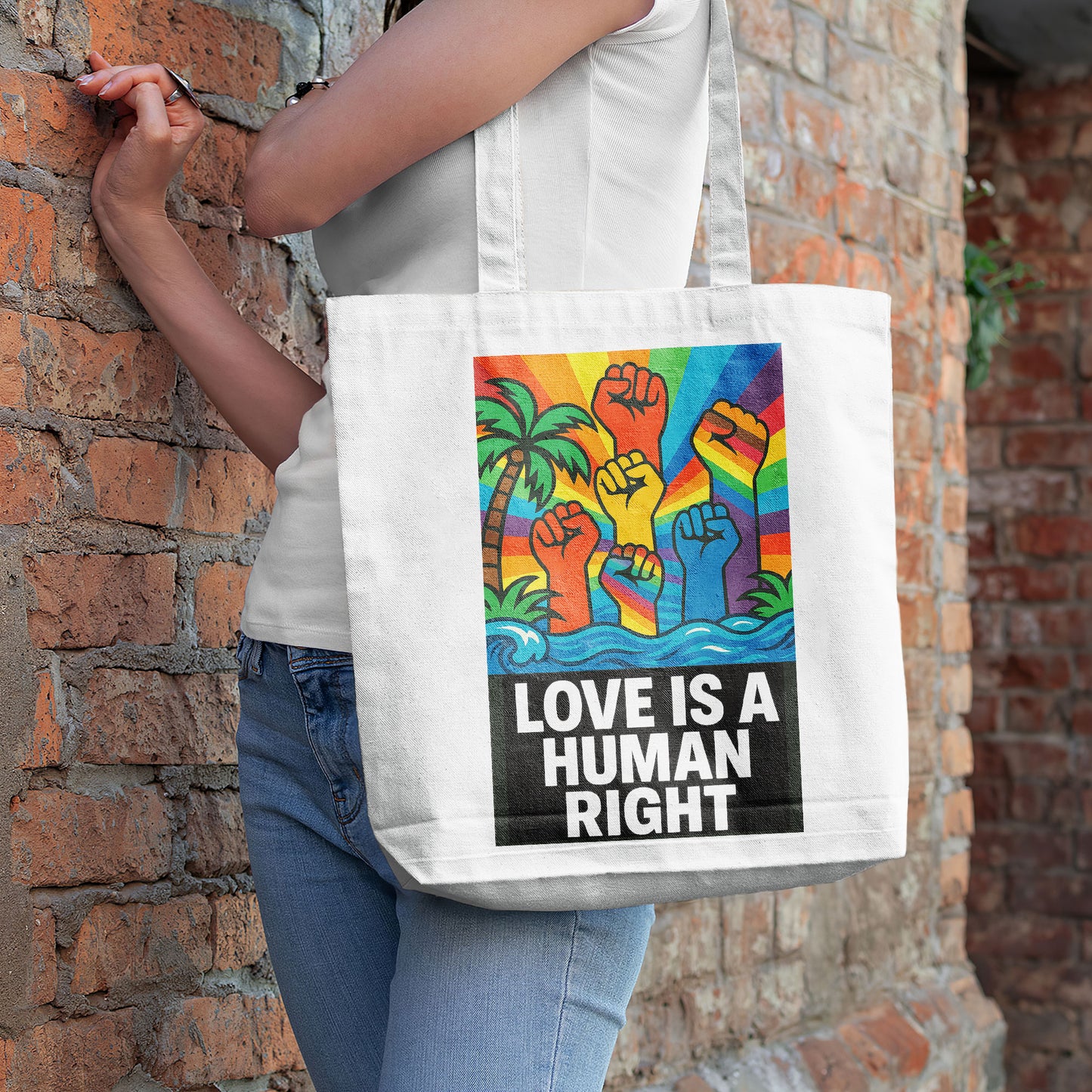 White tote bag with a design featuring multiple fists raised in the air, colored in the rainbow spectrum, against a background with a rainbow sky, palm trees, and ocean waves, with the text "LOVE IS A HUMAN RIGHT" in bold black letters