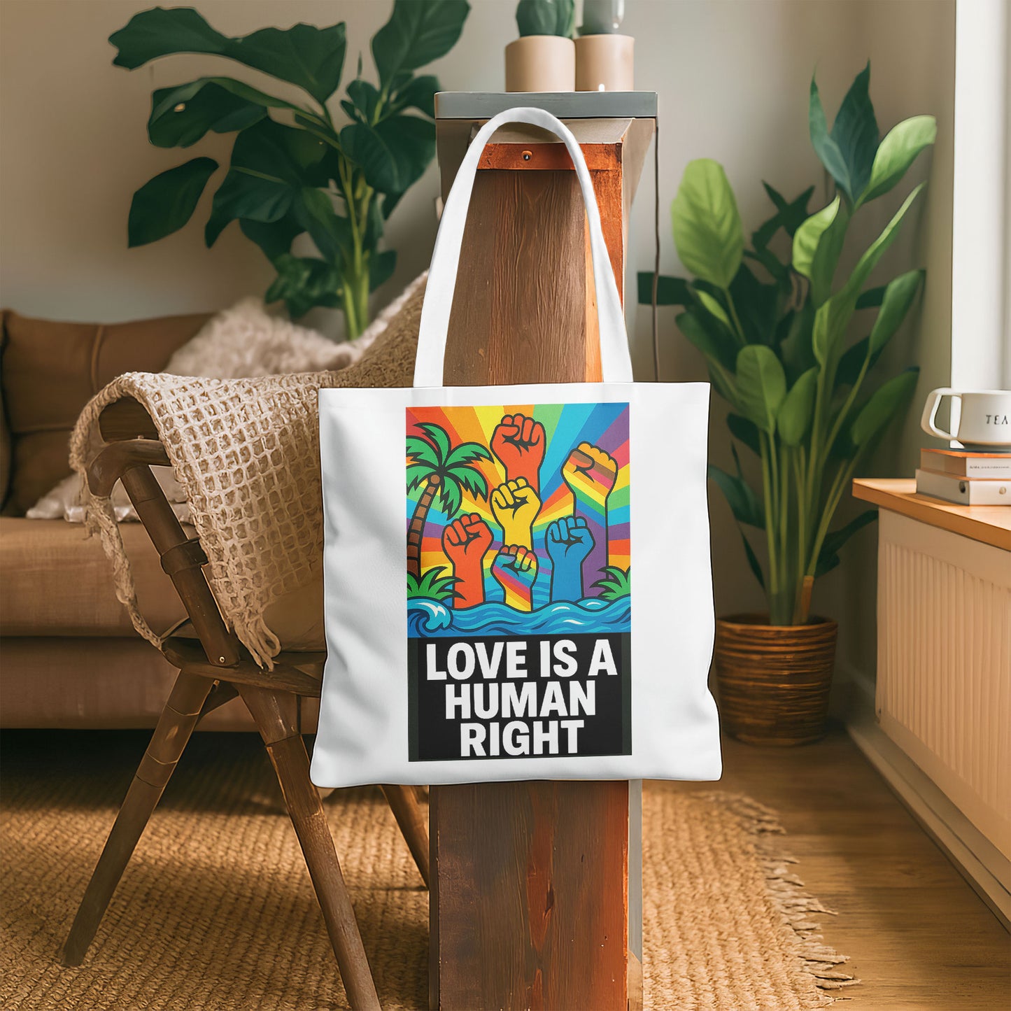 White tote bag with a design featuring multiple fists raised in the air, colored in the rainbow spectrum, against a background with a rainbow sky, palm trees, and ocean waves, with the text "LOVE IS A HUMAN RIGHT" in bold black letters