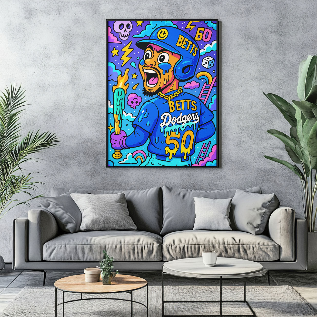 Vibrant pop art canvas print of a baseball player in a blue uniform with number 50, swinging a glowing bat, against a surreal background of clouds, lightning, and skulls.