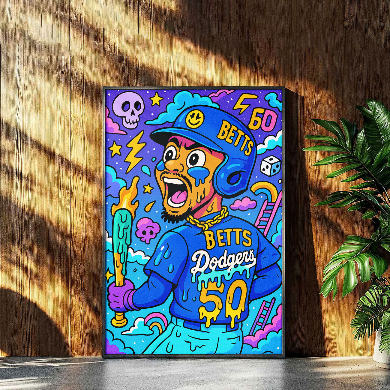 Vibrant pop art canvas print of a baseball player in a blue uniform with number 50, swinging a glowing bat, against a surreal background of clouds, lightning, and skulls.