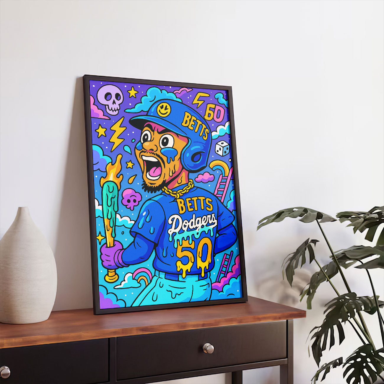 Vibrant pop art canvas print of a baseball player in a blue uniform with number 50, swinging a glowing bat, against a surreal background of clouds, lightning, and skulls.