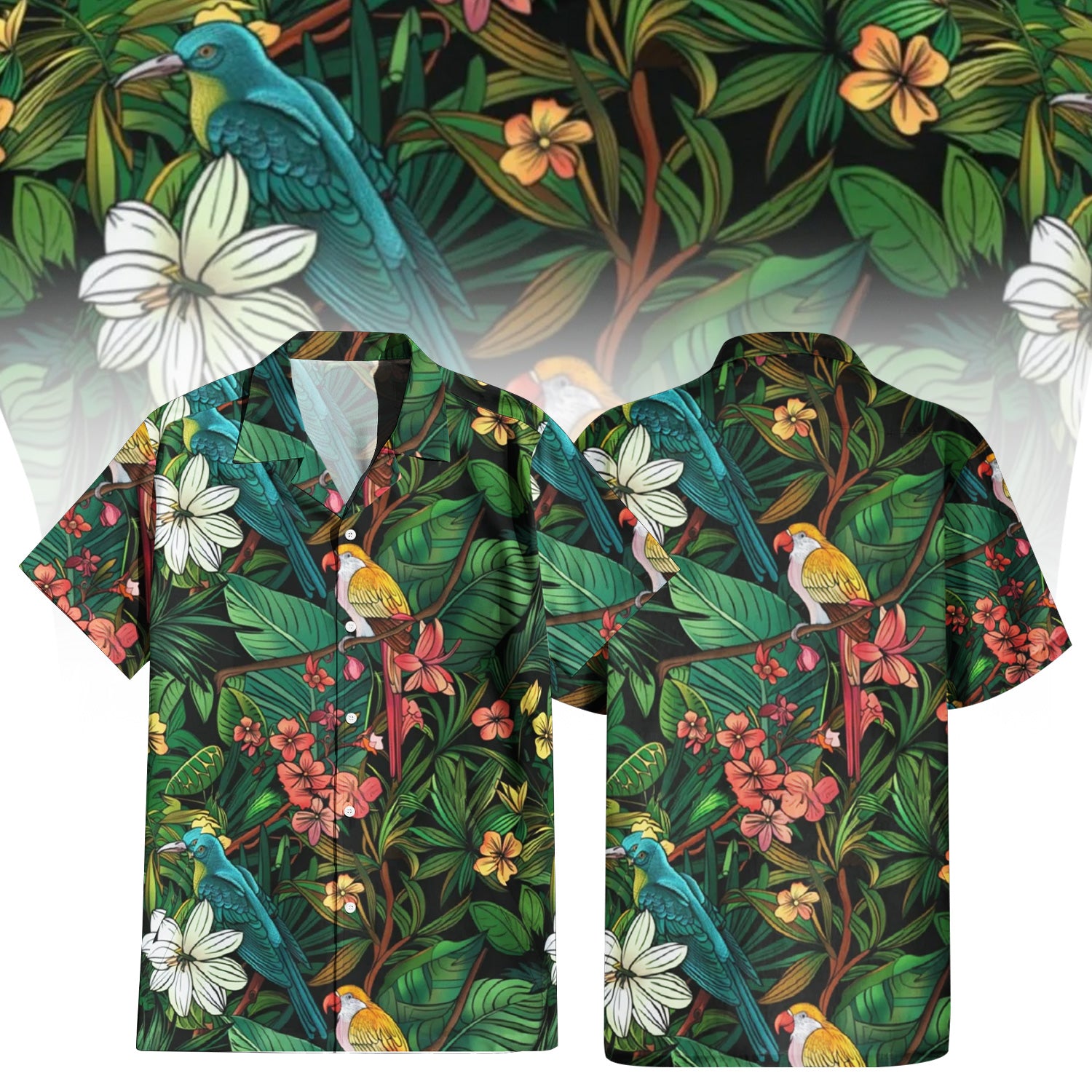 Feathers and Foliage Hawaiian Shirt For Men Women featuring a vibrant tropical print with green leaves, white and orange flowers, and colorful parrots on a dark background. Front and back view of the short-sleeve button-up shirt
