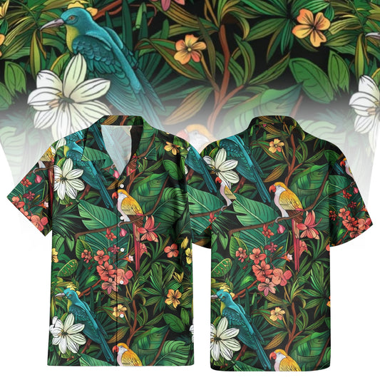 Feathers and Foliage Hawaiian Shirt For Men Women featuring a vibrant tropical print with green leaves, white and orange flowers, and colorful parrots on a dark background. Front and back view of the short-sleeve button-up shirt