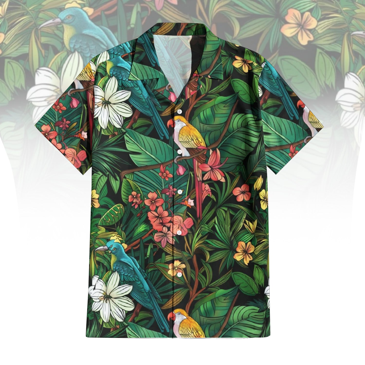 Feathers and Foliage Hawaiian Shirt For Men Women featuring a vibrant tropical print with green leaves, white and orange flowers, and colorful parrots on a dark background. Front and back view of the short-sleeve button-up shirt