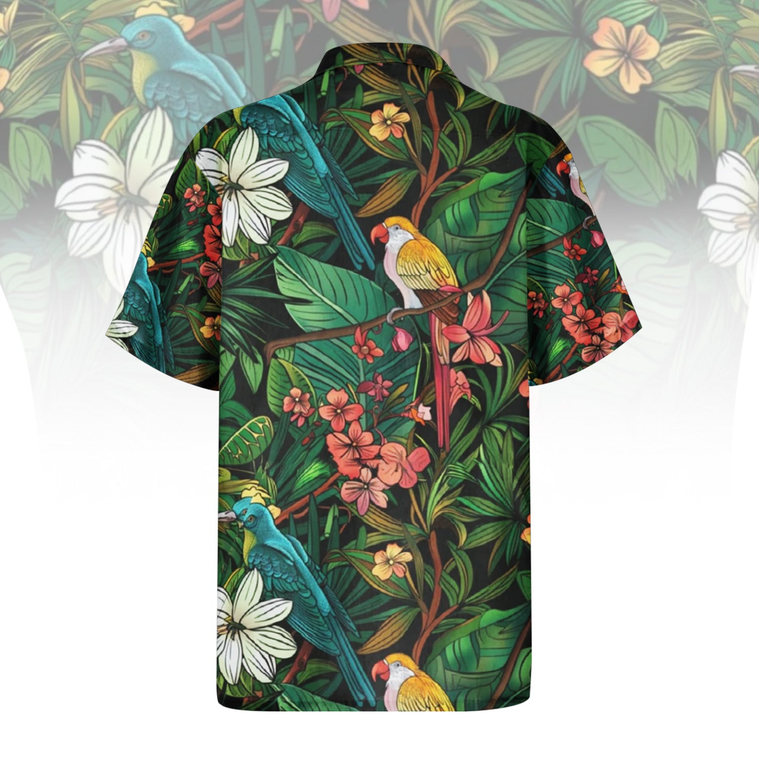 Feathers and Foliage Hawaiian Shirt For Men Women featuring a vibrant tropical print with green leaves, white and orange flowers, and colorful parrots on a dark background. Front and back view of the short-sleeve button-up shirt