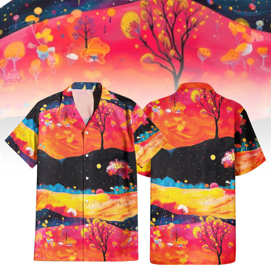 Fields Aglow Hawaiian Shirt For Men Women featuring a vibrant abstract landscape print with rolling hills in red, orange, yellow, and blue, dotted with glowing trees and orbs. Front and back view of the short-sleeve button-up shirt