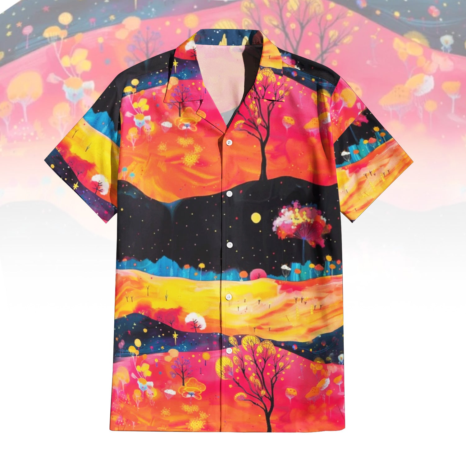 Fields Aglow Hawaiian Shirt For Men Women featuring a vibrant abstract landscape print with rolling hills in red, orange, yellow, and blue, dotted with glowing trees and orbs. Front and back view of the short-sleeve button-up shirt