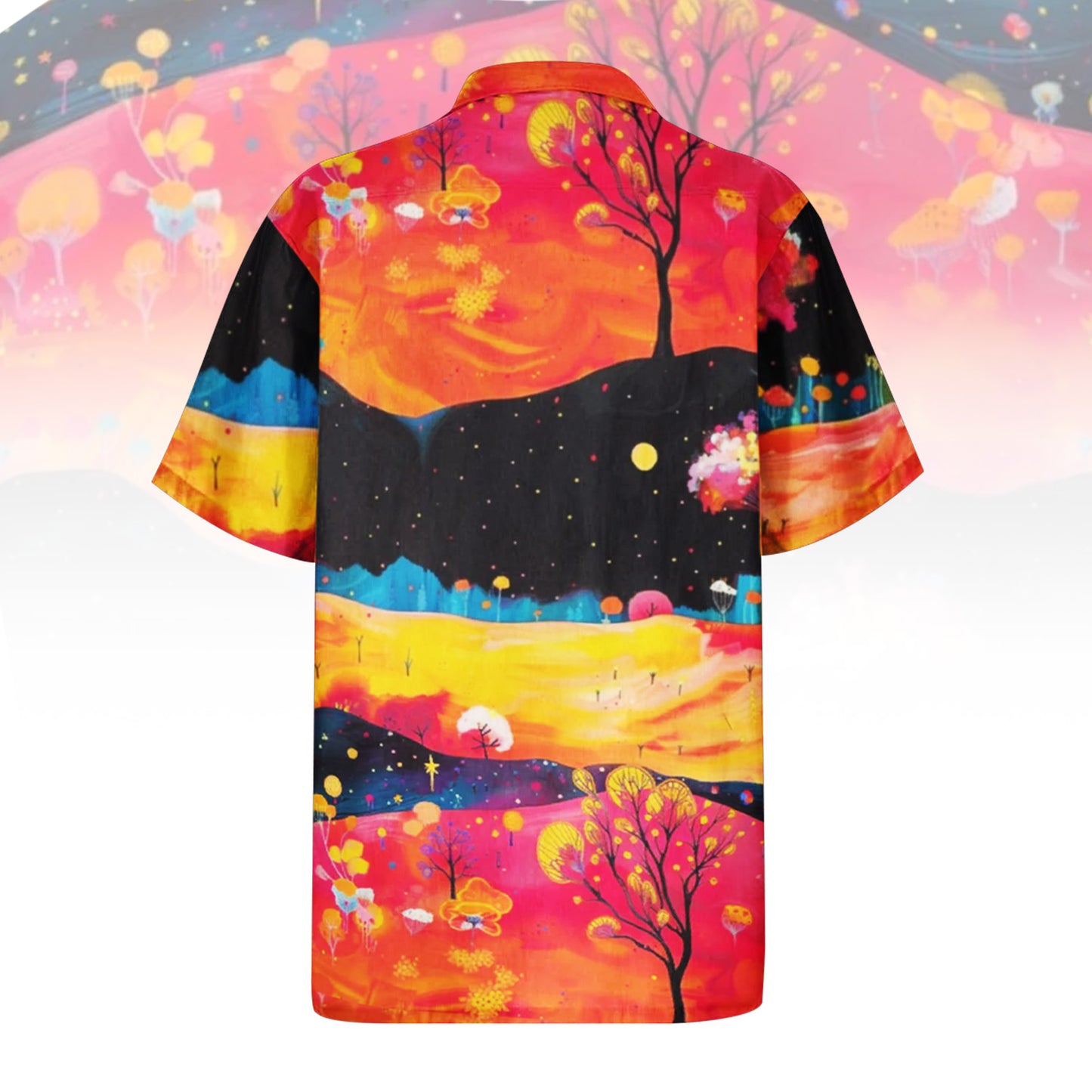 Fields Aglow Hawaiian Shirt For Men Women featuring a vibrant abstract landscape print with rolling hills in red, orange, yellow, and blue, dotted with glowing trees and orbs. Front and back view of the short-sleeve button-up shirt