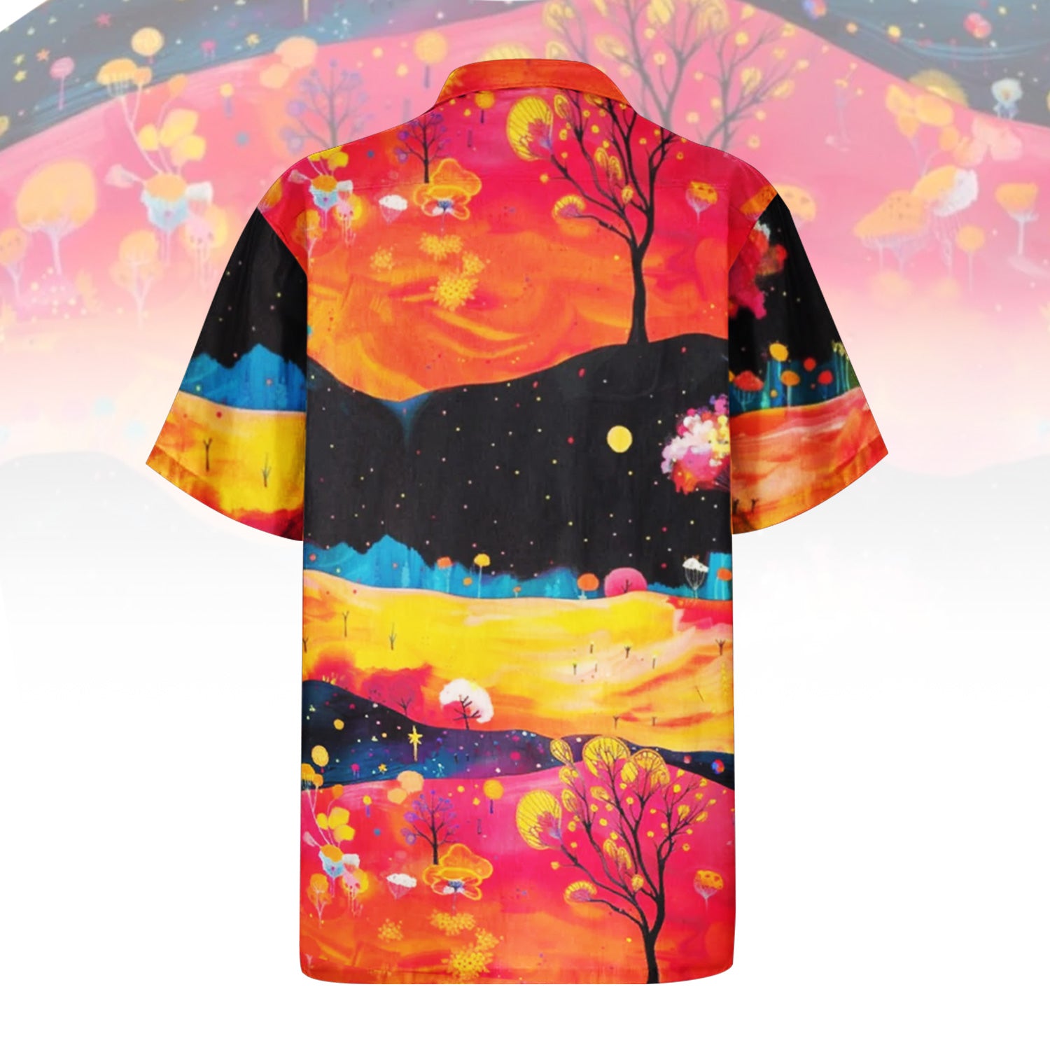 Fields Aglow Hawaiian Shirt For Men Women featuring a vibrant abstract landscape print with rolling hills in red, orange, yellow, and blue, dotted with glowing trees and orbs. Front and back view of the short-sleeve button-up shirt