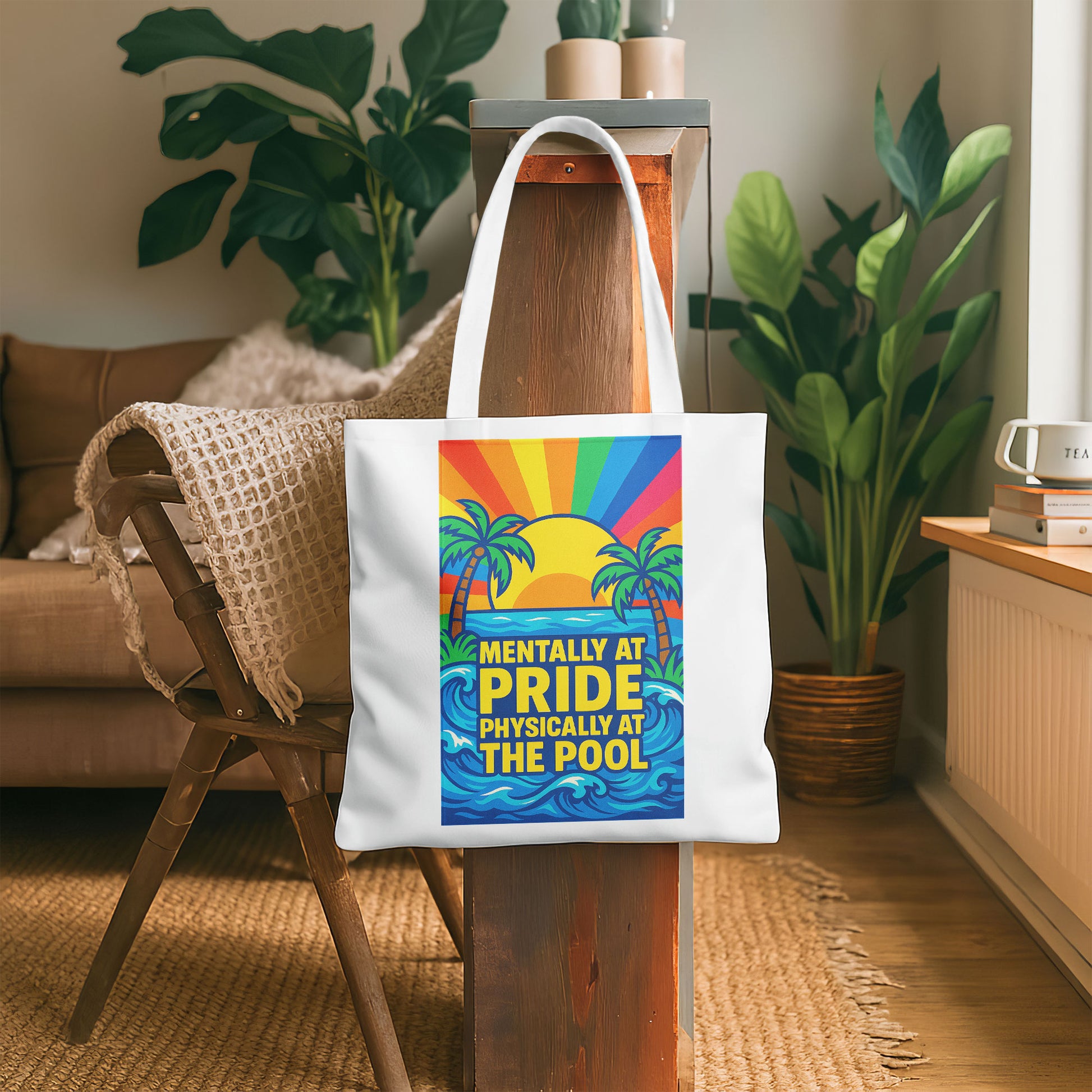 White tote bag with a design showing palm trees, a sunset with rainbow rays, ocean waves, and the text "MENTALLY AT PRIDE PHYSICALLY AT THE POOL