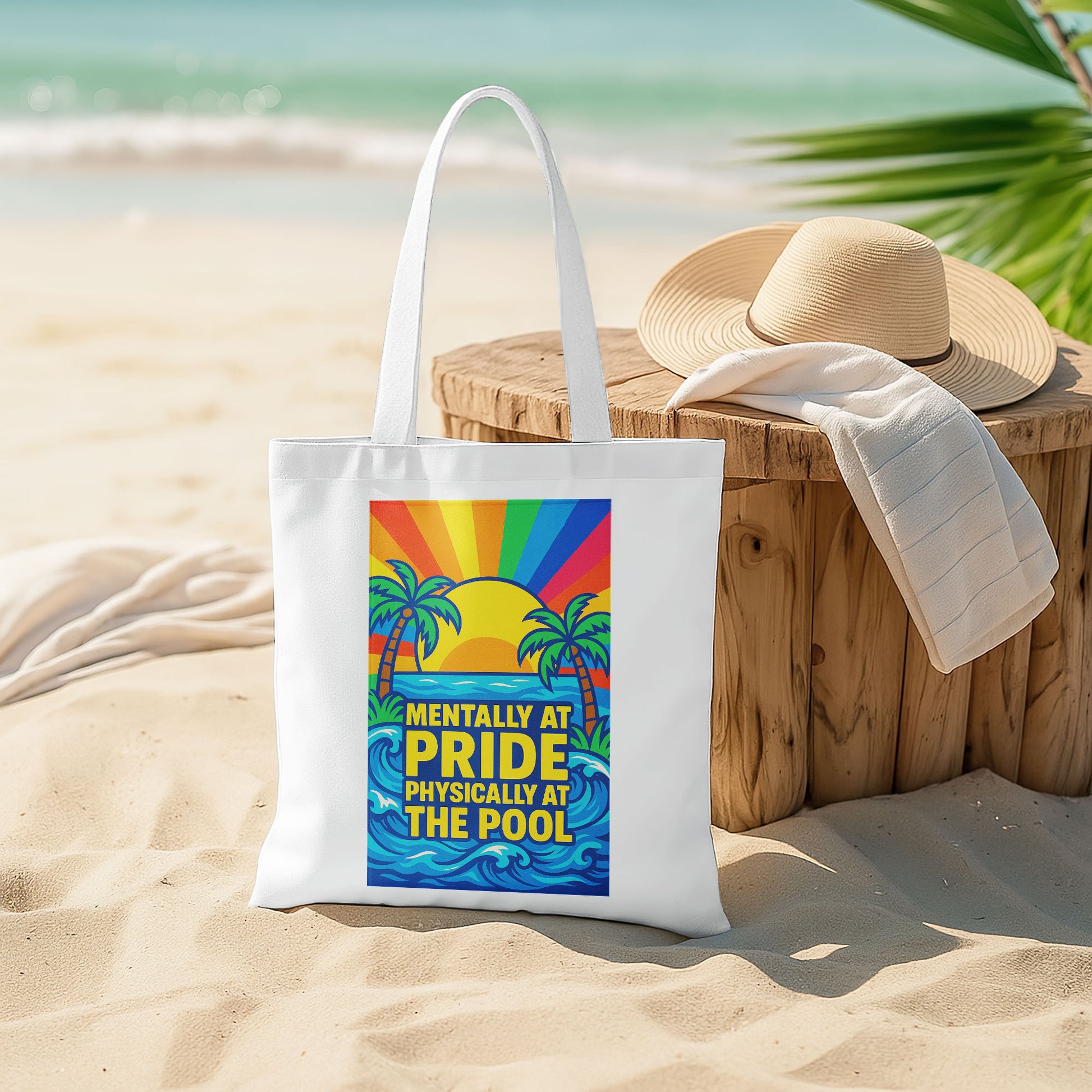 White tote bag with a design showing palm trees, a sunset with rainbow rays, ocean waves, and the text "MENTALLY AT PRIDE PHYSICALLY AT THE POOL