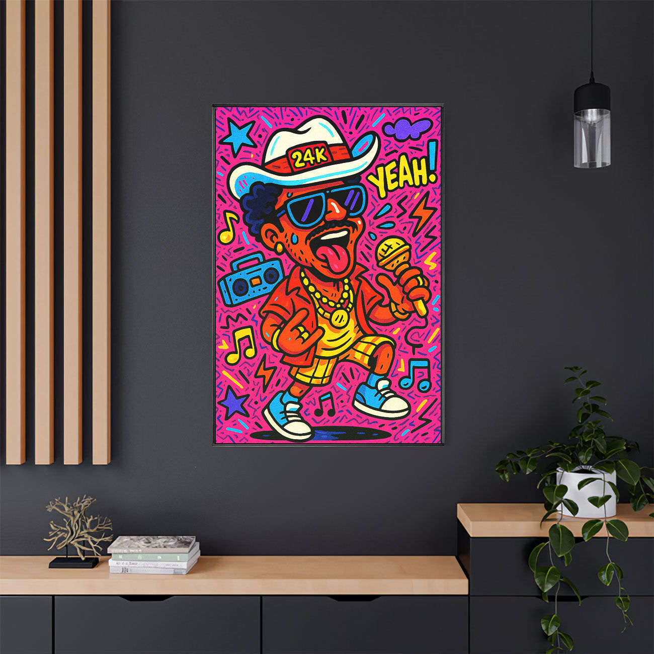 Vibrant funk pop art print featuring a stylized male performer with a fedora, sunglasses, and microphone, surrounded by musical notes and a boombox on a pink background.