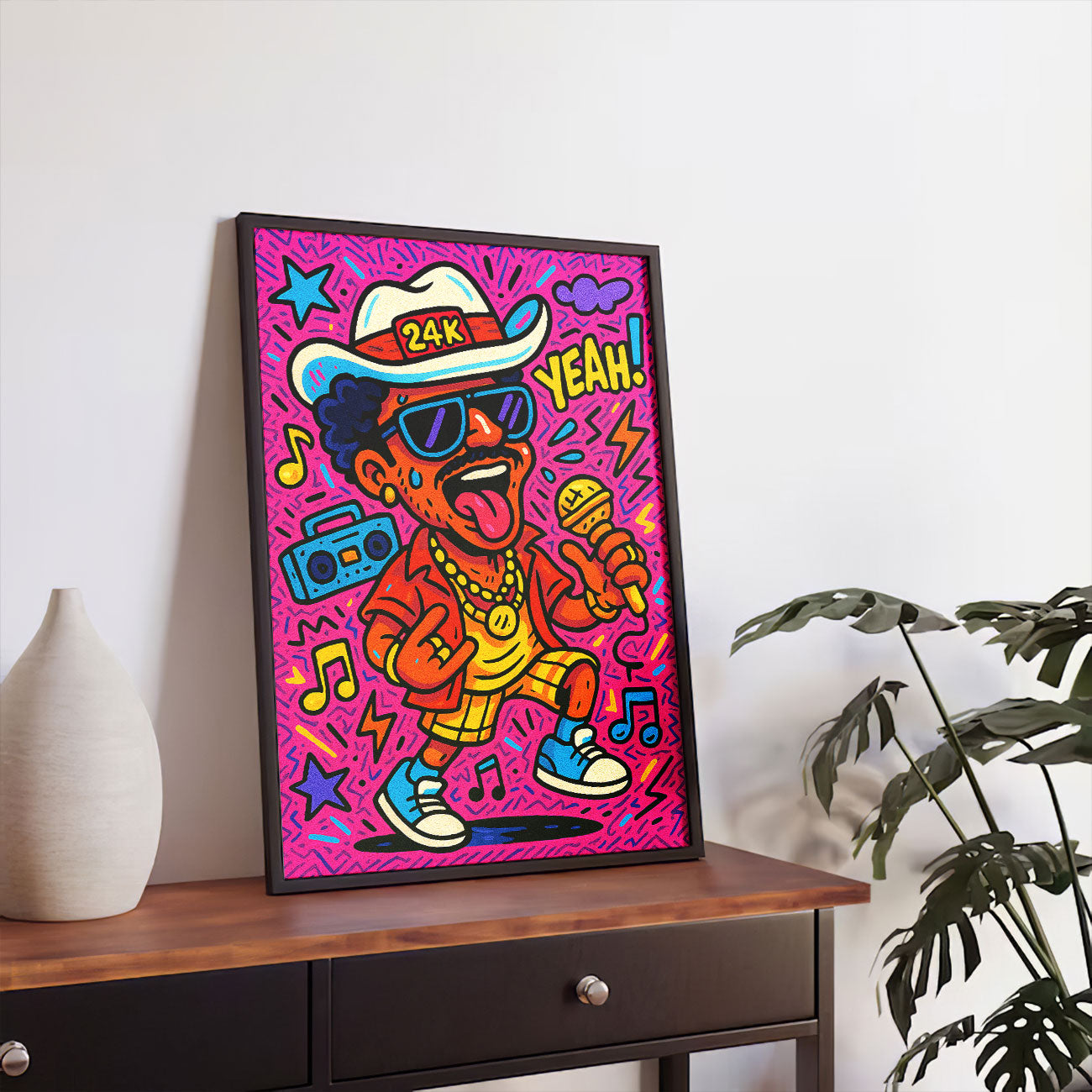 Vibrant funk pop art print featuring a stylized male performer with a fedora, sunglasses, and microphone, surrounded by musical notes and a boombox on a pink background.